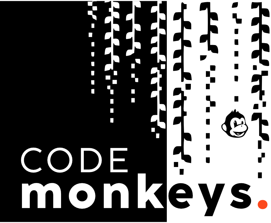 Centered Company Logo. It reads Code Monkeys, with a background of vines as if hanging down a tree. A small monkey face and an overall look'n feel of a japanese signature seal.