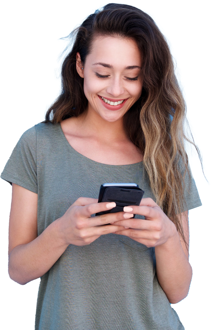 Smiling lady with a phone using an app
